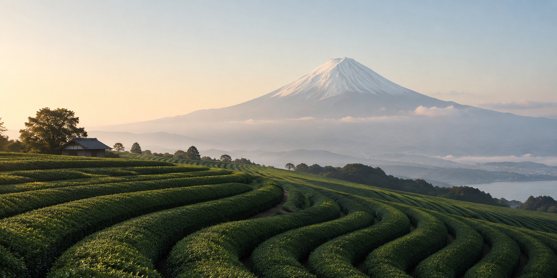 Terrazas de té con el monte Fuji al fondo